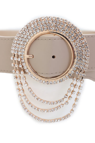 Brand New Women Elastic Beige Fancy Fashion Wide Hip High Waist Belt Gold Round Buckle S M