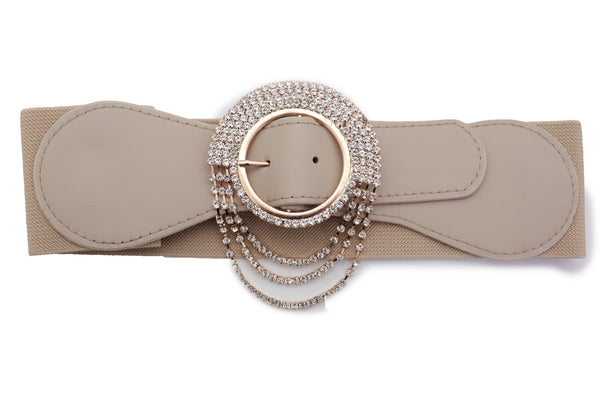 Brand New Women Elastic Beige Fancy Fashion Wide Hip High Waist Belt Gold Round Buckle S M