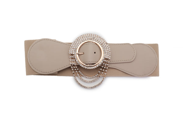 Brand New Women Elastic Beige Fancy Fashion Wide Hip High Waist Belt Gold Round Buckle S M