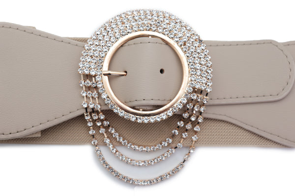 Brand New Women Elastic Beige Fancy Fashion Wide Hip High Waist Belt Gold Round Buckle S M