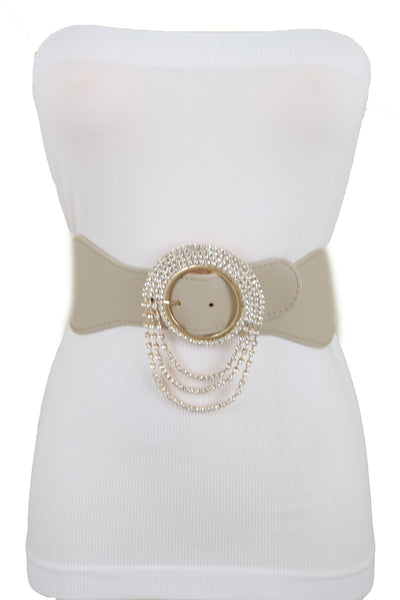 Brand New Women Elastic Beige Fancy Fashion Wide Hip High Waist Belt Gold Round Buckle S M