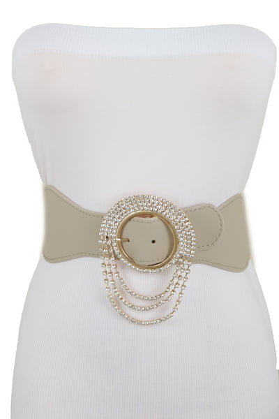 Brand New Women Elastic Beige Fancy Fashion Wide Hip High Waist Belt Gold Round Buckle S M