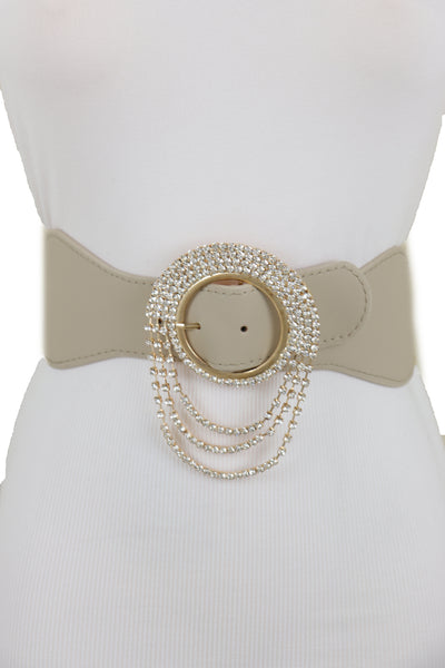 Brand New Women Elastic Beige Fancy Fashion Wide Hip High Waist Belt Gold Round Buckle S M