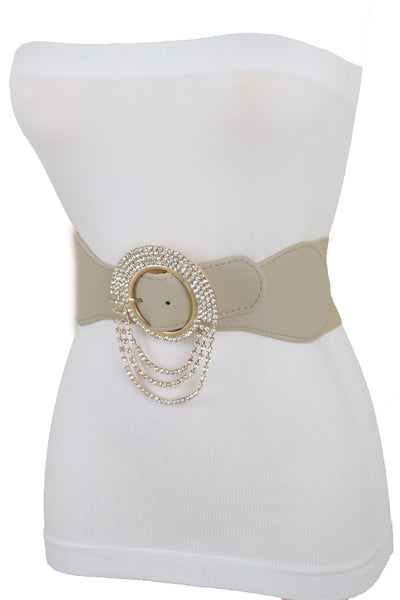 Brand New Women Elastic Beige Fancy Fashion Wide Hip High Waist Belt Gold Round Buckle S M