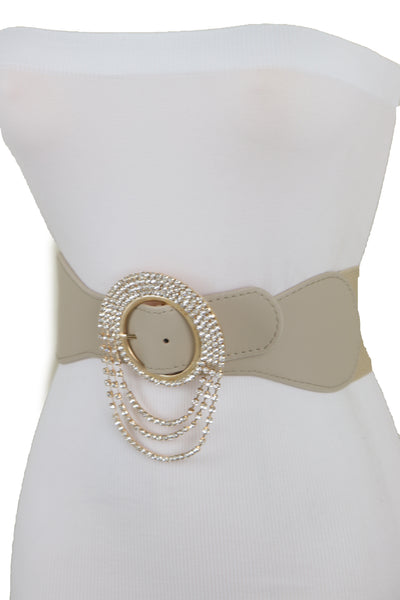Brand New Women Elastic Beige Fancy Fashion Wide Hip High Waist Belt Gold Round Buckle S M