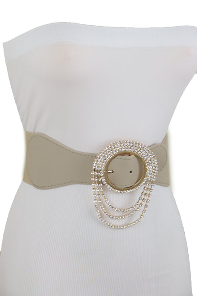 Brand New Women Elastic Beige Fancy Fashion Wide Hip High Waist Belt Gold Round Buckle S M