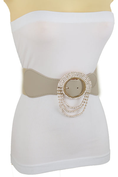 Brand New Women Elastic Beige Fancy Fashion Wide Hip High Waist Belt Gold Round Buckle S M