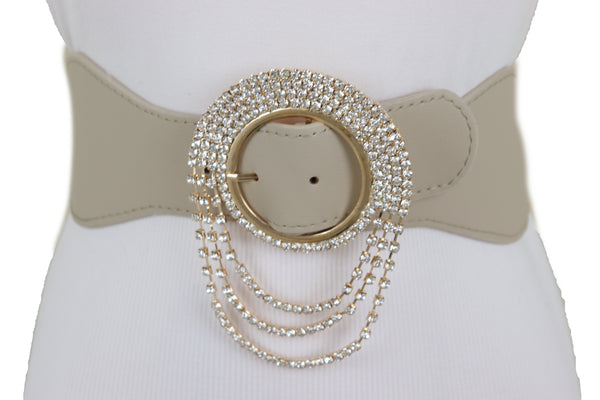 Brand New Women Elastic Beige Fancy Fashion Wide Hip High Waist Belt Gold Round Buckle S M