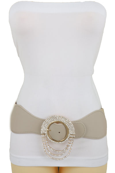 Brand New Women Elastic Beige Fancy Fashion Wide Hip High Waist Belt Gold Round Buckle S M