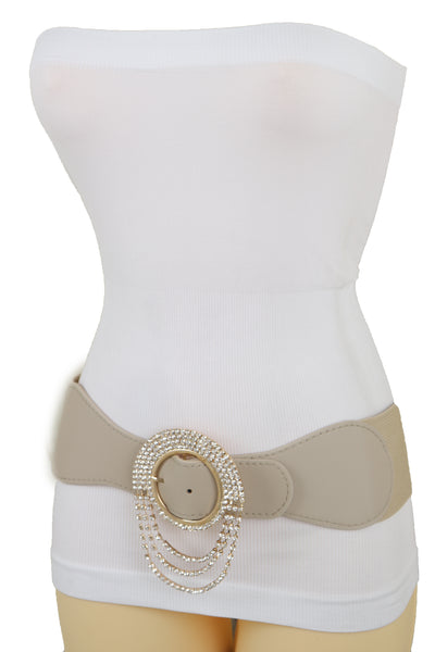 Brand New Women Elastic Beige Fancy Fashion Wide Hip High Waist Belt Gold Round Buckle S M