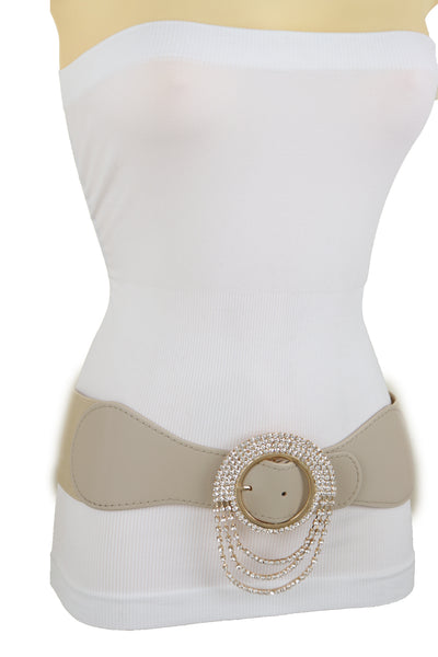 Brand New Women Elastic Beige Fancy Fashion Wide Hip High Waist Belt Gold Round Buckle S M