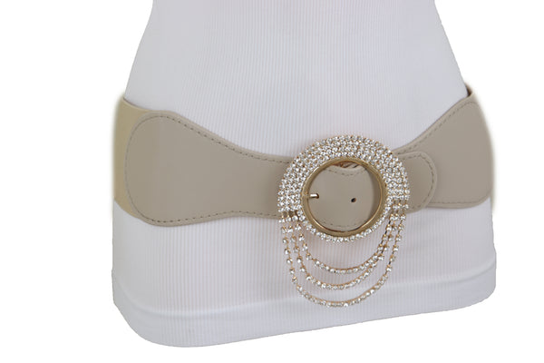 Brand New Women Elastic Beige Fancy Fashion Wide Hip High Waist Belt Gold Round Buckle S M