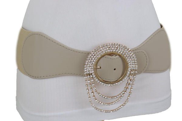 Brand New Women Elastic Beige Fancy Fashion Wide Hip High Waist Belt Gold Round Buckle S M