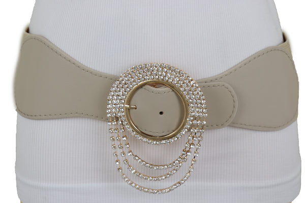 Brand New Women Elastic Beige Fancy Fashion Wide Hip High Waist Belt Gold Round Buckle S M