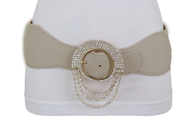 Brand New Women Elastic Beige Fancy Fashion Wide Hip High Waist Belt Gold Round Buckle S M