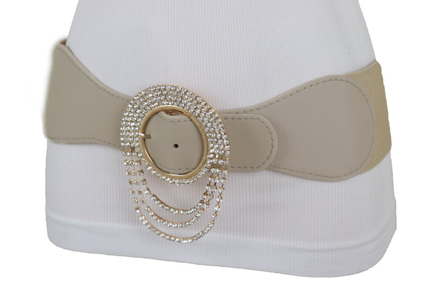 Brand New Women Elastic Beige Fancy Fashion Wide Hip High Waist Belt Gold Round Buckle S M