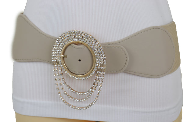 Brand New Women Elastic Beige Fancy Fashion Wide Hip High Waist Belt Gold Round Buckle S M