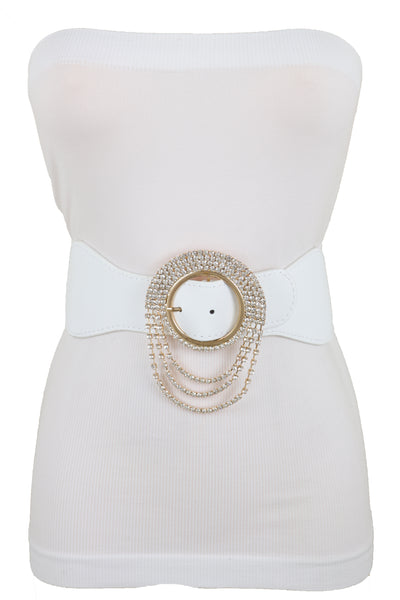 Brand New Women Elastic Winter White Color Fashion Wide Belt Gold Round Buckle Size S M