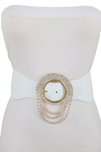 Brand New Women Elastic Winter White Color Fashion Wide Belt Gold Round Buckle Size S M