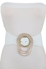 Elastic Winter White Color Fashion Wide Belt Gold Round Buckle Size S M