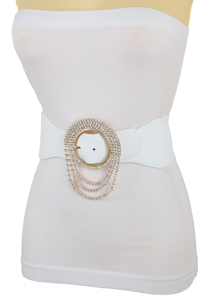 Brand New Women Elastic Winter White Color Fashion Wide Belt Gold Round Buckle Size S M