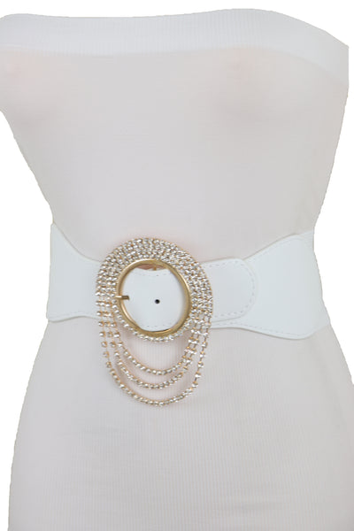 Brand New Women Elastic Winter White Color Fashion Wide Belt Gold Round Buckle Size S M