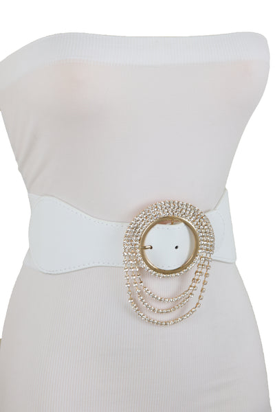 Brand New Women Elastic Winter White Color Fashion Wide Belt Gold Round Buckle Size S M