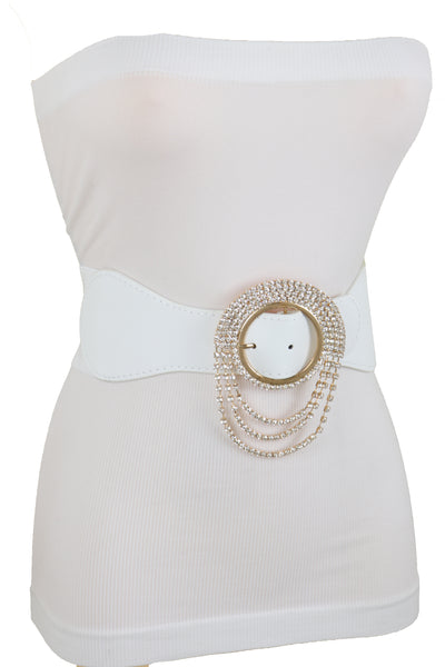 Brand New Women Elastic Winter White Color Fashion Wide Belt Gold Round Buckle Size S M