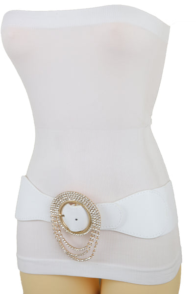 Brand New Women Elastic Winter White Color Fashion Wide Belt Gold Round Buckle Size S M