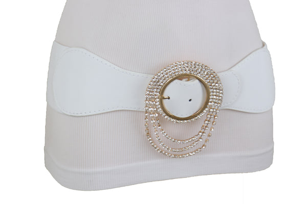 Brand New Women Elastic Winter White Color Fashion Wide Belt Gold Round Buckle Size S M