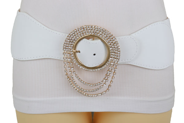 Brand New Women Elastic Winter White Color Fashion Wide Belt Gold Round Buckle Size S M