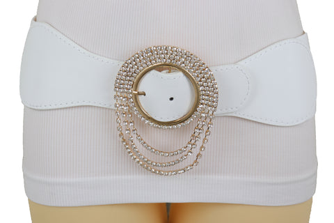 Brand New Women Elastic Winter White Color Fashion Wide Belt Gold Round Buckle Size S M