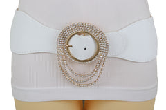 Elastic Winter White Color Fashion Wide Belt Gold Round Buckle Size S M