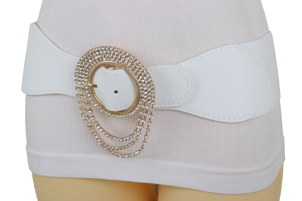 Brand New Women Elastic Winter White Color Fashion Wide Belt Gold Round Buckle Size S M