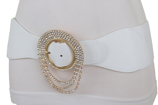 Brand New Women Elastic Winter White Color Fashion Wide Belt Gold Round Buckle Size S M