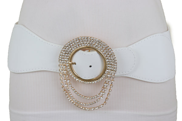 Brand New Women Elastic Winter White Color Fashion Wide Belt Gold Round Buckle Size S M