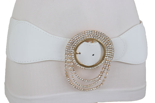 Brand New Women Elastic Winter White Color Fashion Wide Belt Gold Round Buckle Size S M