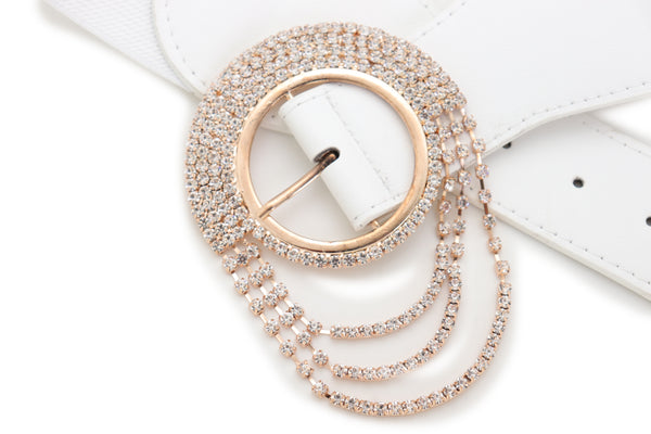Brand New Women Elastic Winter White Color Fashion Wide Belt Gold Round Buckle Size S M