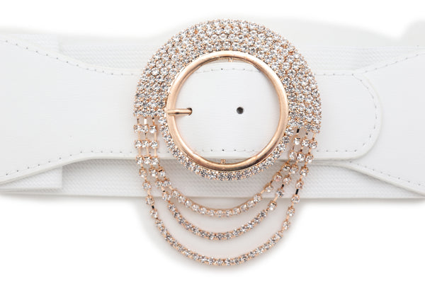 Brand New Women Elastic Winter White Color Fashion Wide Belt Gold Round Buckle Size S M
