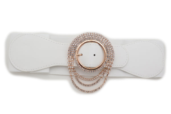 Brand New Women Elastic Winter White Color Fashion Wide Belt Gold Round Buckle Size S M