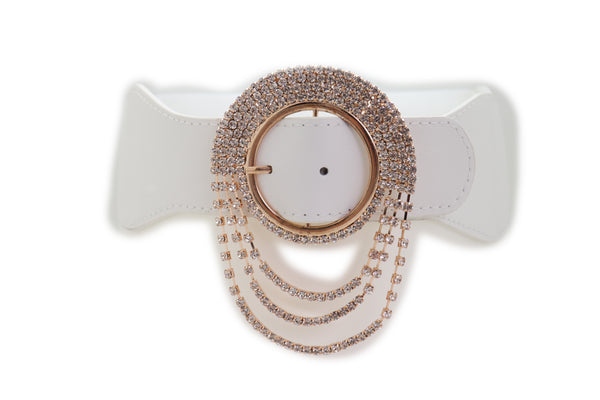 Brand New Women Elastic Winter White Color Fashion Wide Belt Gold Round Buckle Size S M
