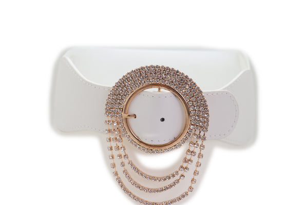 Brand New Women Elastic Winter White Color Fashion Wide Belt Gold Round Buckle Size S M