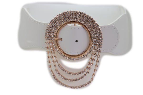 Brand New Women Elastic Winter White Color Fashion Wide Belt Gold Round Buckle Size S M