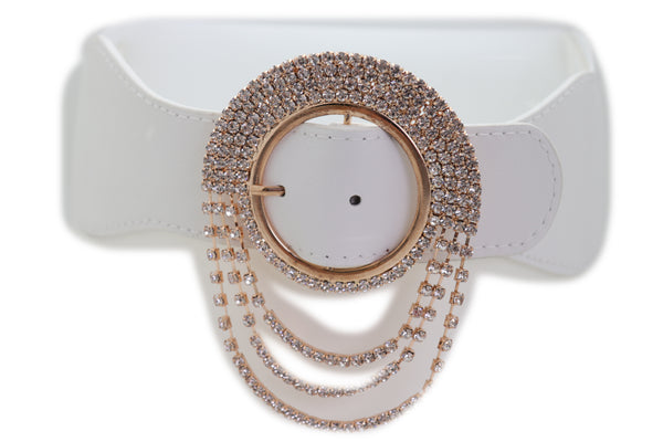 Brand New Women Elastic Winter White Color Fashion Wide Belt Gold Round Buckle Size S M