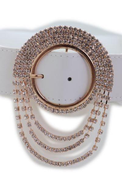Brand New Women Elastic Winter White Color Fashion Wide Belt Gold Round Buckle Size S M