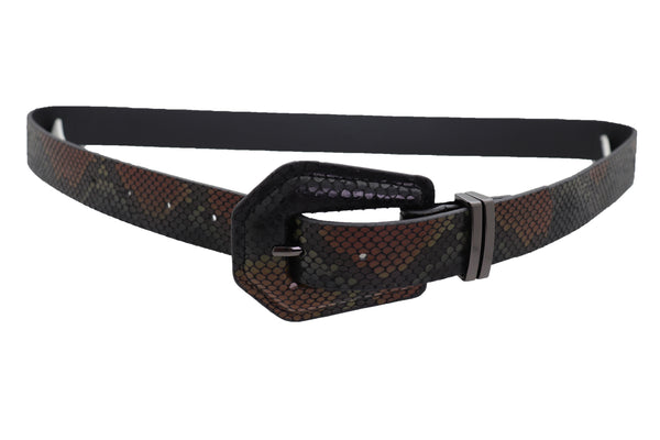 Brand New Women Black Brown Faux Leather Pant Jeans Skinny Belt Snakeskin Print Size S M