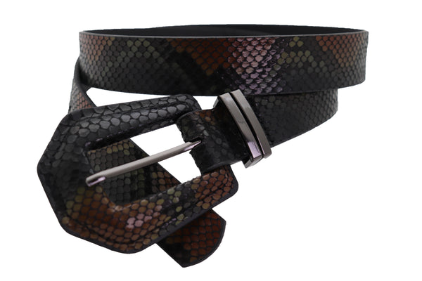 Brand New Women Black Brown Faux Leather Pant Jeans Skinny Belt Snakeskin Print Size S M