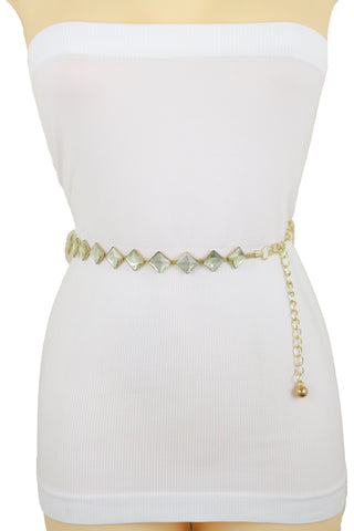 Brand New Women Gold Mesh Metal Skinny Waistband Fashion Belt Silver Square Bead Fit S M L