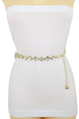 Gold Mesh Metal Skinny Waistband Fashion Belt Silver Square Bead Fit S M L