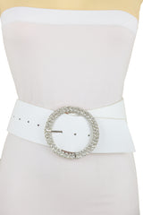 Winter White Faux Leather Wide Strap Fashion Belt Bling Round Buckle S M